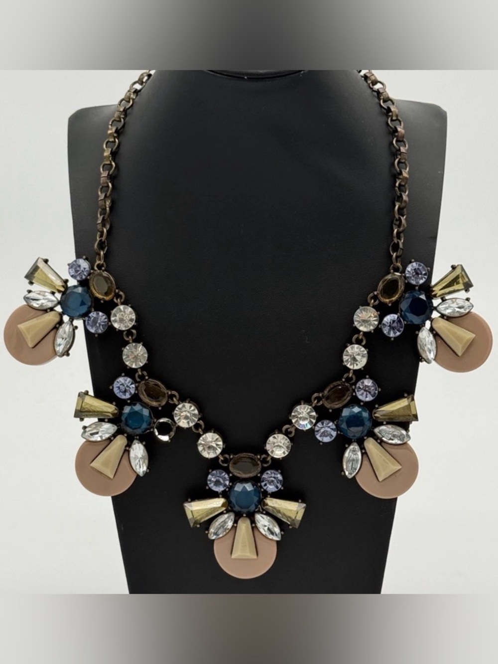 J Crew Style Vintage Statement Bib Necklace Blue Smoke Crystal Tan Lucite